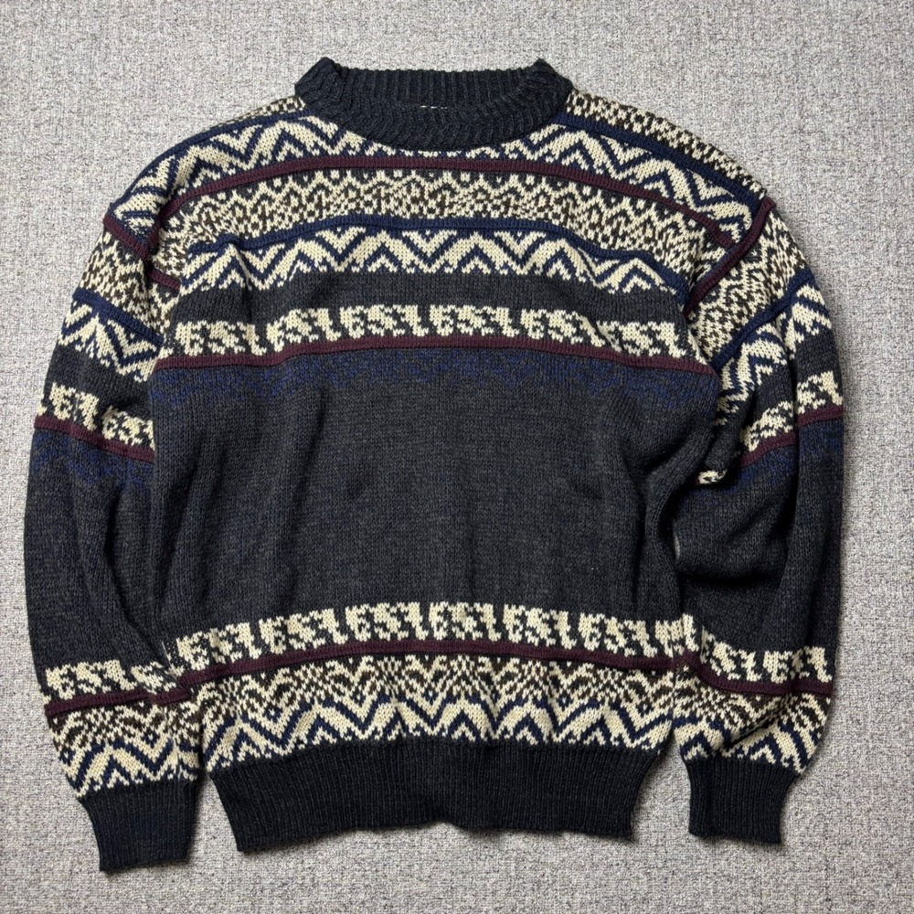 Fair Isle Crewneck Nordic Knit Sweater Mens Large Gray Sears The Mens Store VTG
